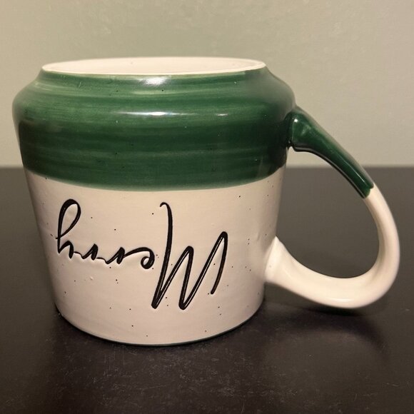 Peppermint & Pine MERRY Matte Off-white  with Green Glossy Glaze Stoneware Mug - Picture 6 of 8